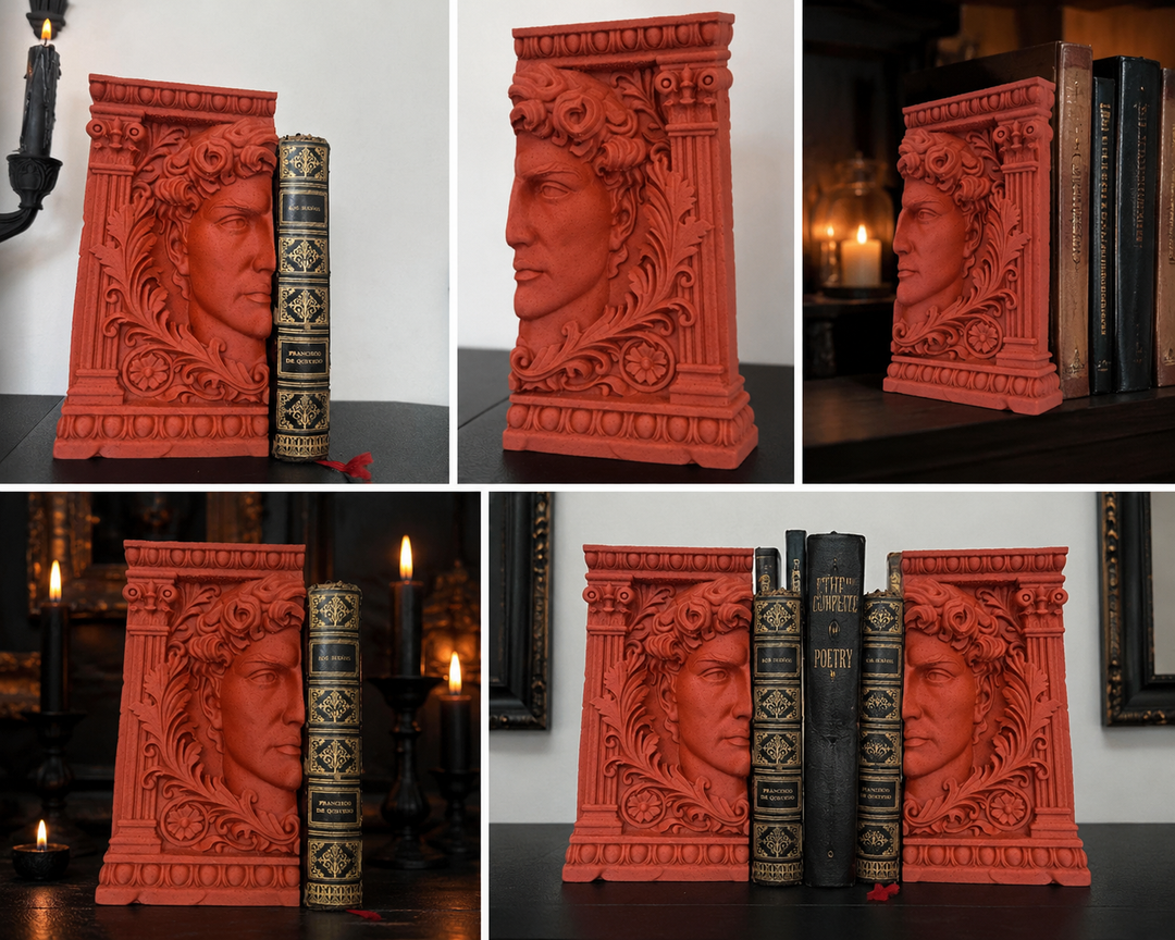 The Watcher Bookend Neoclassical Roman Face Decorative Book Holder Ornate Capital Terracotta Shelf Decor Study Library Office Gift
