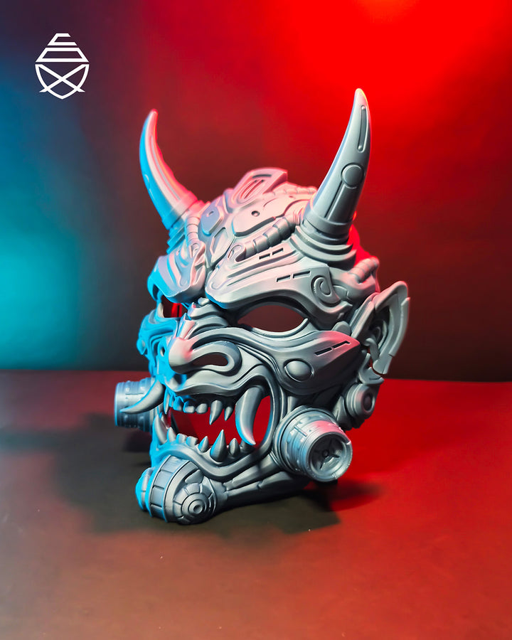 Cyberpunk Oni Mask Japanese Demon Samurai Tetsu Mask Red Futuristic Wall Art Decor Horned Warrior Helmet Sculpture Fantasy Gaming Decor